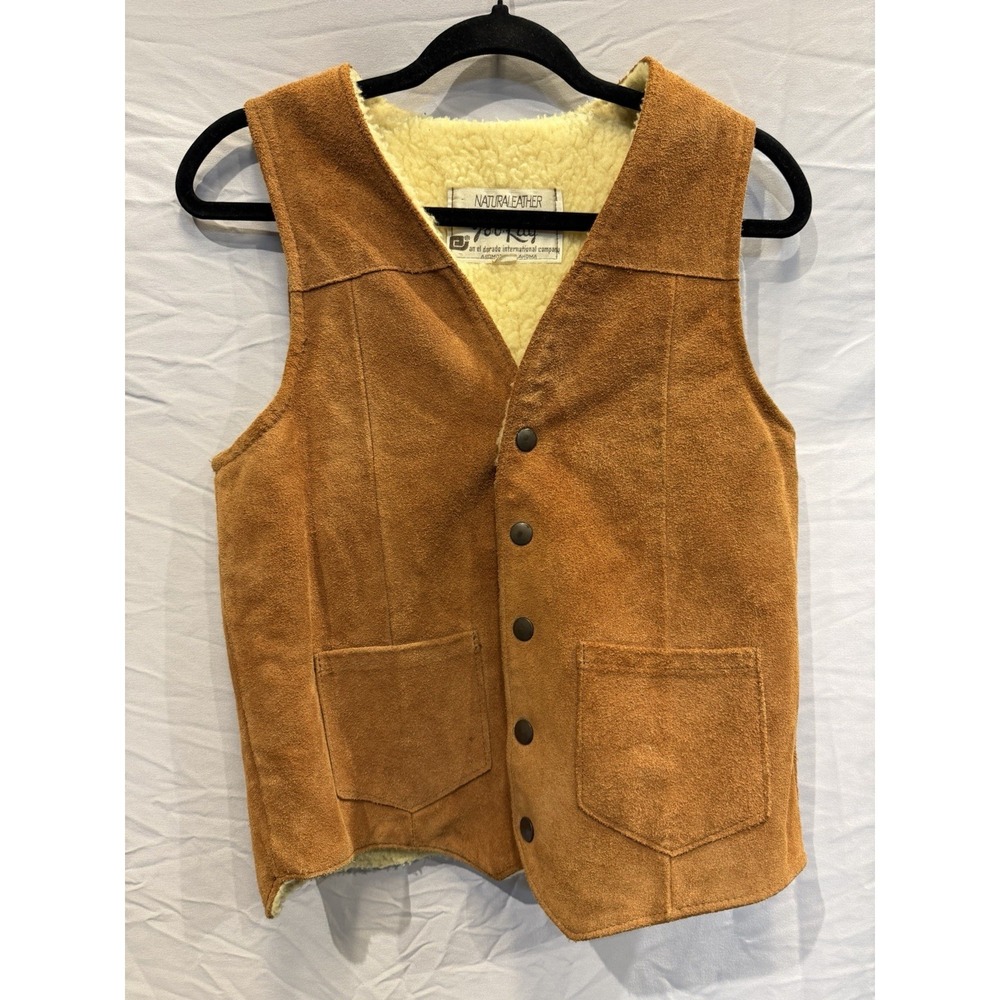 1970's Joo Kay Men's Leather Shearling Vest Brown Cream Size 18 Vintage